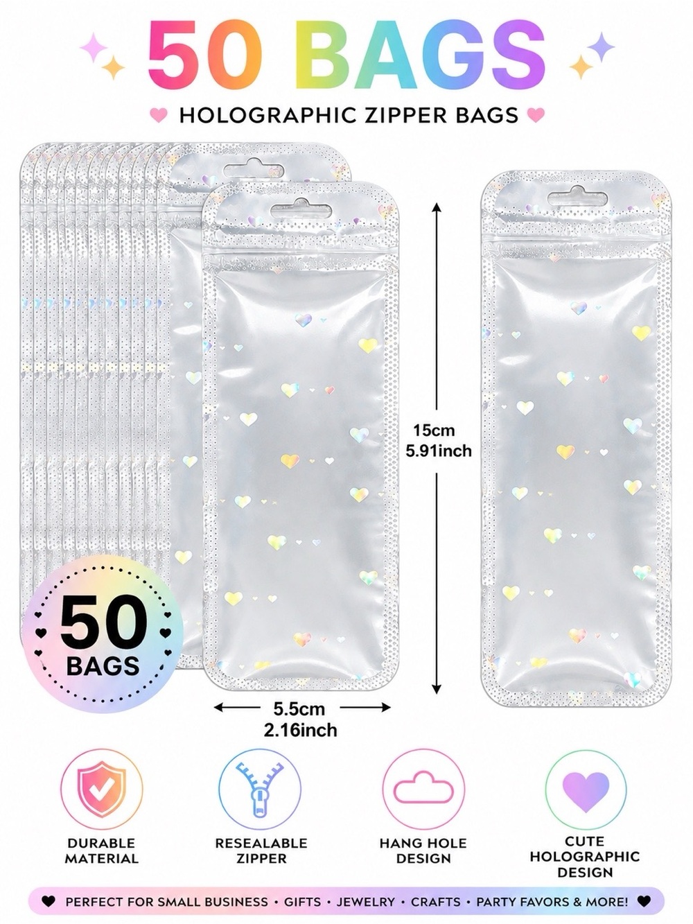 50 Holographic Heart Zipper Bags 2.16 x 5.91 Inch Resealable Packaging
